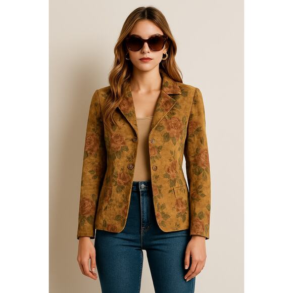 Vintage 90s Kate Hill Floral Leather Jacket – Size 4 Tan Rose Pattern Suede feel - Picture 2 of 14